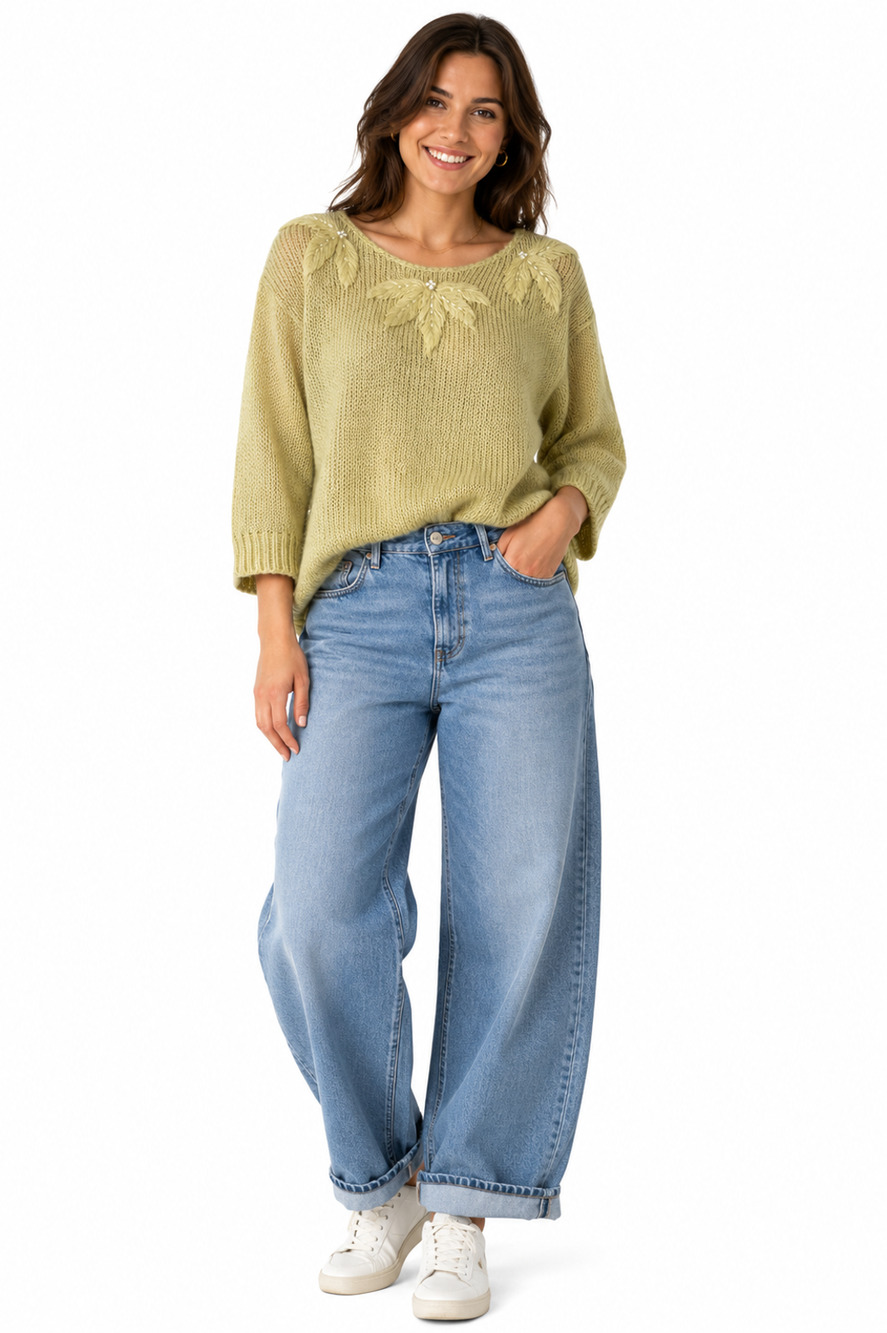 Patsys Place Pearl Beaded Vintage Pastel Yellow 3/4 Sleeve Sweater Ramie sz